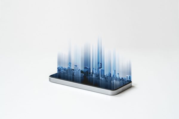 Mobile smart phone and buildings hologram technology, on white background. Mobile phone and communication technology